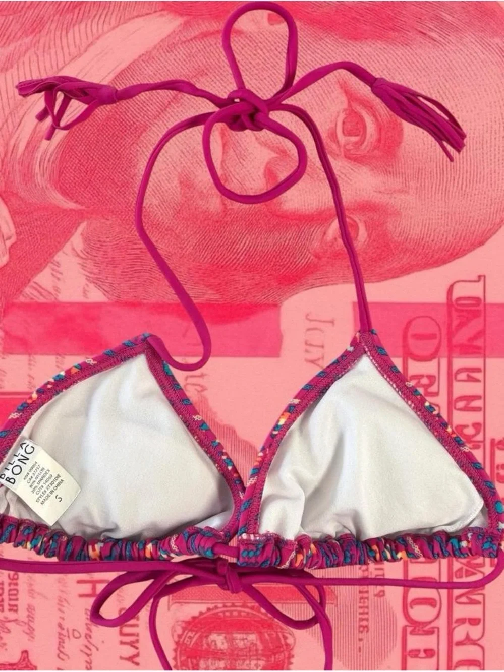 billabong y2k pink and purple paisley tribal pattern print triangle bikini top s